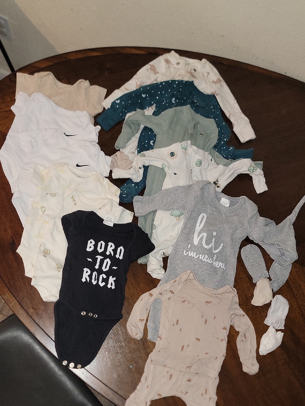Newborn Boy LOT Nike, Carters, Members Mark Neutral Baby One-Piece Pjs Mix